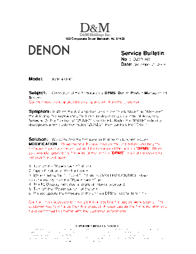 DENON Service Bulletin DZ09-165  DENON AV Surround Receiver AV Surround Receiver Denon - AVR-4308CI Service Bulletin DZ09-165.PDF