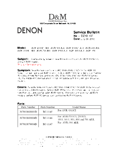DENON Service Bulletin DZ10-107  DENON AV Surround Receiver AV Surround Receiver Denon - AVR-4311CI Service Bulletin DZ10-107.PDF