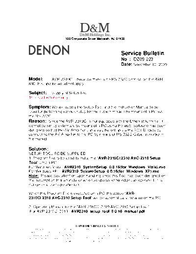 DENON Service Bulletin DZ09-223  DENON AV Surround Receiver & Amplifier AV Surround Receiver & Amplifier Denon - AVR-2310CI & 890 & AVC-2310 Service Bulletin DZ09-223.PDF