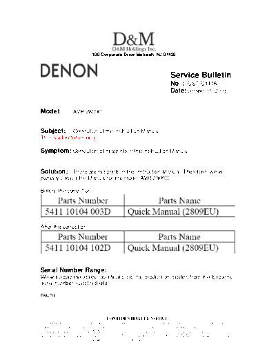 DENON Service Bulletin OST-C1406  DENON AV Surround Receiver & Amplifier AV Surround Receiver & Amplifier Denon - AVR-2809CI & 989 & AVC-2809 Service Bulletin OST-C1406.PDF