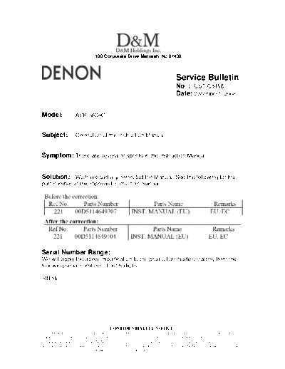 DENON Service Bulletin OST-C1458  DENON AV Surround Receiver & Amplifier AV Surround Receiver & Amplifier Denon - AVR-3808CI & AVC-3808 Service Bulletin OST-C1458.PDF