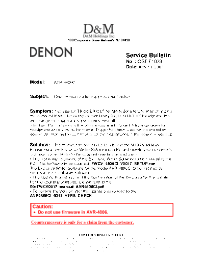 DENON Service Bulletin OST-F1073  DENON AV Surround Receiver & Amplifier AV Surround Receiver & Amplifier Denon - AVR-4806 & AVC-A11XV Service Bulletin OST-F1073.PDF
