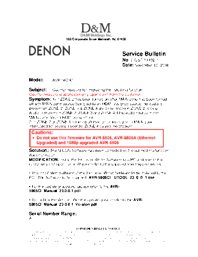 DENON Service Bulletin OST-F1192-1  DENON AV Surround Receiver & Amplifier AV Surround Receiver & Amplifier Denon - AVR-5805 & AVC-A1XV Service Bulletin OST-F1192-1.PDF