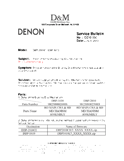 DENON Service Bulletin DZ10-050  DENON Blu-Ray Disk Blu-Ray Disk Denon - DBP-2010CI Service Bulletin DZ10-050.PDF