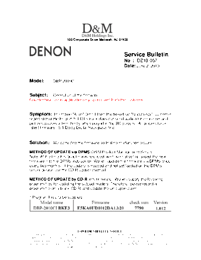 DENON Service Bulletin DZ10-057  DENON Blu-Ray Disk Blu-Ray Disk Denon - DBP-2010CI Service Bulletin DZ10-057.PDF