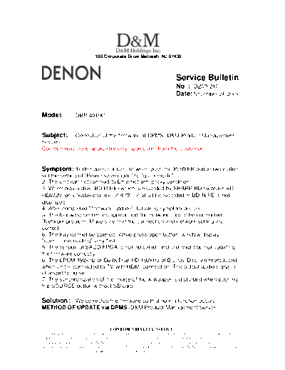 DENON Service Bulletin DZ09-210  DENON Blu-Ray Disk Blu-Ray Disk Denon - DBP-4010UDCI Service Bulletin DZ09-210.PDF