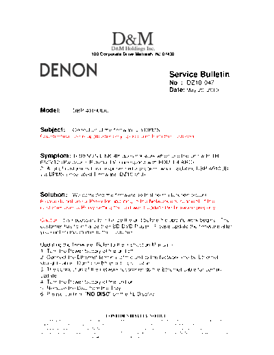 DENON Service Bulletin DZ10-047  DENON Blu-Ray Disk Blu-Ray Disk Denon - DBP-4010UDCI Service Bulletin DZ10-047.PDF