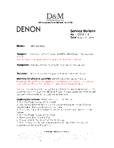 DENON Service Bulletin DZ10-118  DENON Blu-Ray Disk Blu-Ray Disk Denon - DBP-4010UDCI Service Bulletin DZ10-118.PDF