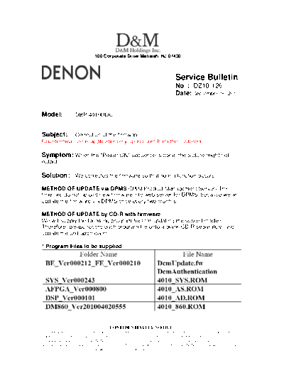DENON Service Bulletin DZ10-126  DENON Blu-Ray Disk Blu-Ray Disk Denon - DBP-4010UDCI Service Bulletin DZ10-126.PDF