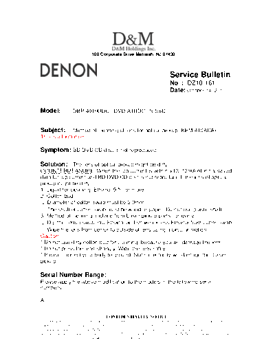 DENON Service Bulletin DZ10-161  DENON Blu-Ray Disk Blu-Ray Disk Denon - DBP-4010UDCI Service Bulletin DZ10-161.PDF