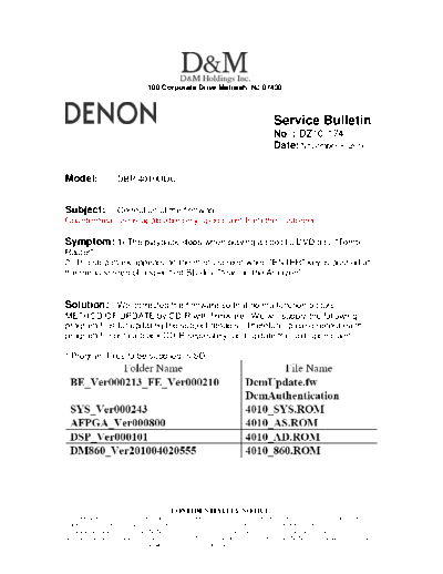 DENON Service Bulletin DZ10-174  DENON Blu-Ray Disk Blu-Ray Disk Denon - DBP-4010UDCI Service Bulletin DZ10-174.PDF