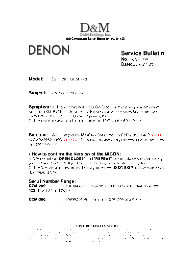 DENON Service Bulletin OST-704  DENON CD Player CD Player Denon - DCM-380 & 280 Service Bulletin OST-704.PDF