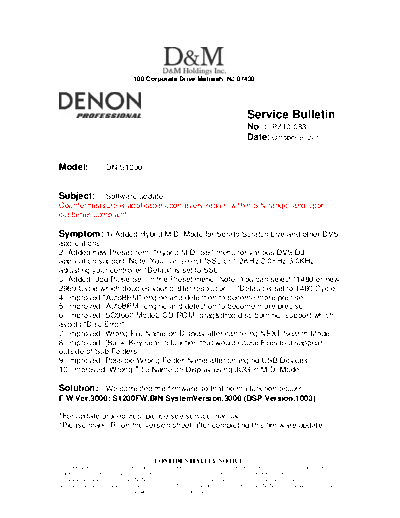 DENON Service Bulletin PZ10-083  DENON CD USB Media Player & Controller CD USB Media Player & Controller Denon - DN-S1200 Service Bulletin PZ10-083.PDF