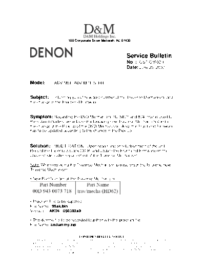 DENON Service Bulletin ADV-M51&ADV-M71&S-101  DENON DVD Surround Receiver DVD Surround Receiver Denon - ADV-M51 Service Bulletin ADV-M51&ADV-M71&S-101.PDF