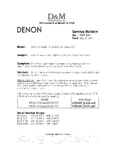 DENON Service Bulletin OST-841  DENON DVD Video Player DVD Video Player Denon - DVD-1710 & DVD-555 Service Bulletin OST-841.PDF