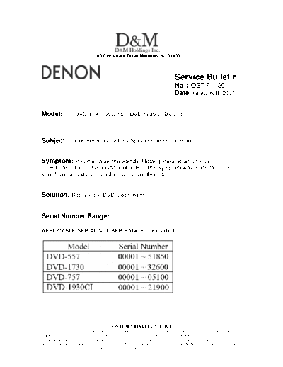 DENON Service Bulletin OST-F1129  DENON DVD Video Player DVD Video Player Denon - DVD-1730 & DVD-557 Service Bulletin OST-F1129.PDF