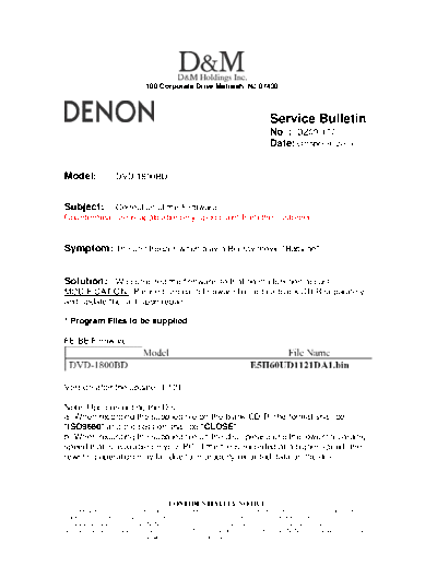 DENON Service Bulletin DZ09-177  DENON DVD Video Player DVD Video Player Denon - DVD-1800BD Service Bulletin DZ09-177.PDF