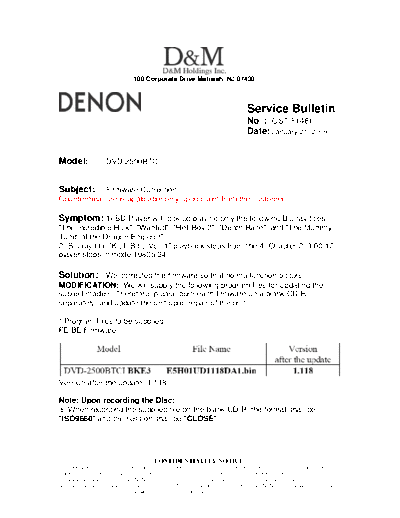 DENON Service Bulletin OST-F1481  DENON DVD Video Player DVD Video Player Denon - DVD-2500BT & 3800BD Service Bulletin OST-F1481.PDF