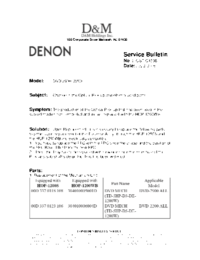 DENON Service Bulletin OST-C1338  DENON DVD Video Player DVD Video Player Denon - DVD-2900 Service Bulletin OST-C1338.PDF