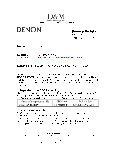 DENON Service Bulletin DZ09-207  DENON DVD Video Player DVD Video Player Denon - DVD-2930 & 2930CI Service Bulletin DZ09-207.PDF