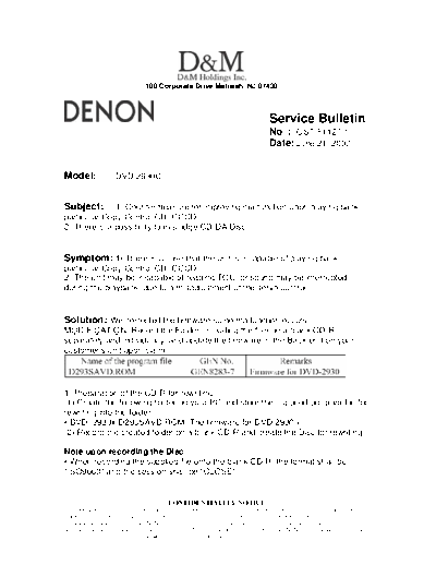 DENON Service Bulletin OST-F1127-1  DENON DVD Video Player DVD Video Player Denon - DVD-2930 & 2930CI Service Bulletin OST-F1127-1.PDF