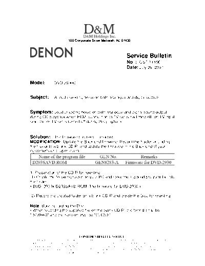 DENON Service Bulletin OST-F1196  DENON DVD Video Player DVD Video Player Denon - DVD-2930 & 2930CI Service Bulletin OST-F1196.PDF