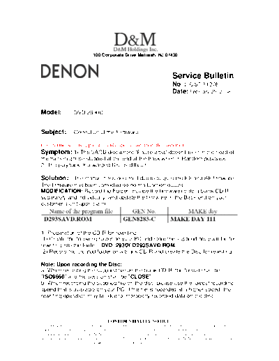 DENON Service Bulletin OST-F1278  DENON DVD Video Player DVD Video Player Denon - DVD-2930 & 2930CI Service Bulletin OST-F1278.PDF