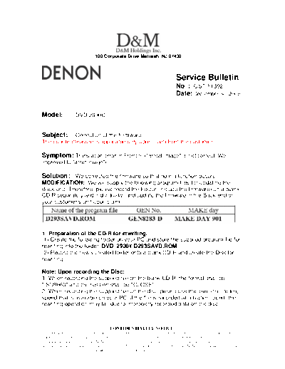 DENON Service Bulletin OST-F1392  DENON DVD Video Player DVD Video Player Denon - DVD-2930 & 2930CI Service Bulletin OST-F1392.PDF