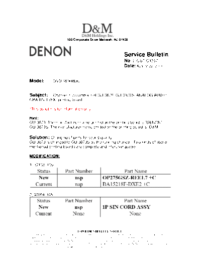 DENON Service Bulletin OST-C1367  DENON DVD Video Player DVD Video Player Denon - DVD-3800BDCI Service Bulletin OST-C1367.PDF