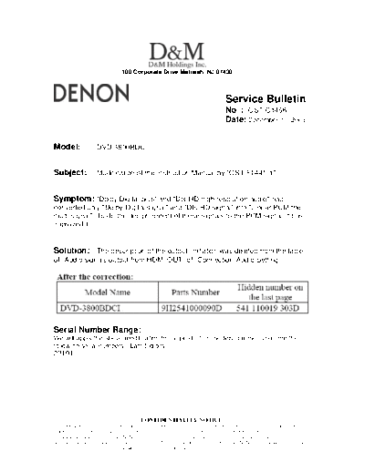 DENON Service Bulletin OST-C1466  DENON DVD Video Player DVD Video Player Denon - DVD-3800BDCI Service Bulletin OST-C1466.PDF