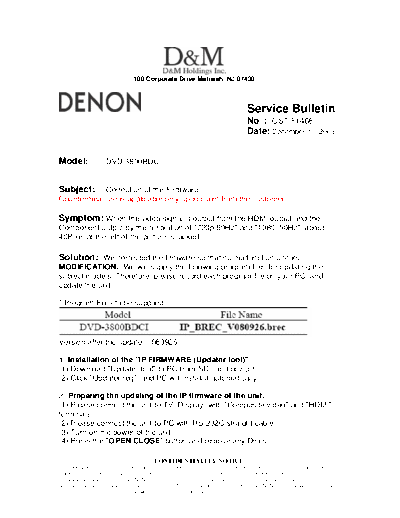 DENON Service Bulletin OST-F1468  DENON DVD Video Player DVD Video Player Denon - DVD-3800BDCI Service Bulletin OST-F1468.PDF