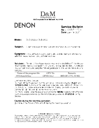 DENON Service Bulletin OST-F1177-1  DENON DVD Video Player DVD Video Player Denon - DVD-3930 & 3930CI Service Bulletin OST-F1177-1.PDF