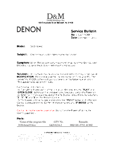 DENON Service Bulletin OST-F1284-1  DENON DVD Video Player DVD Video Player Denon - DVD-3930 & 3930CI Service Bulletin OST-F1284-1.PDF
