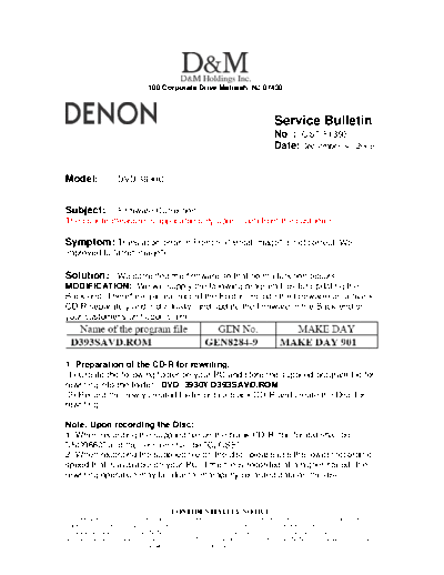 DENON Service Bulletin OST-F1393  DENON DVD Video Player DVD Video Player Denon - DVD-3930 & 3930CI Service Bulletin OST-F1393.PDF