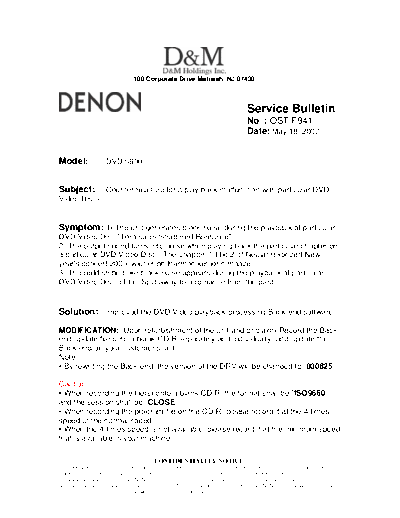 DENON Service Bulletin OST-F941  DENON DVD Video Player DVD Video Player Denon - DVD-5900 & DVD-A11 Service Bulletin OST-F941.PDF