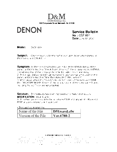 DENON Service Bulletin OST-897  DENON DVD Video Player DVD Video Player Denon - DVD-5910 Service Bulletin OST-897.PDF