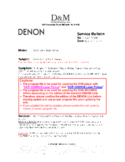 DENON Service Bulletin OST-F1558  DENON DVD Video Player DVD Video Player Denon - DVD-5910 Service Bulletin OST-F1558.PDF