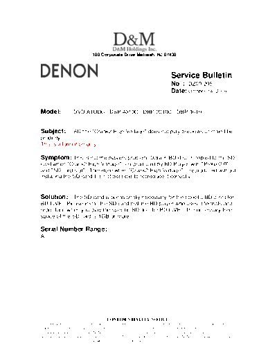 DENON Service Bulletin DZ09-205  DENON DVD Video Player DVD Video Player Denon - DVD-A1UDCI Service Bulletin DZ09-205.PDF