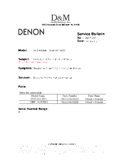 DENON Service Bulletin DZ09-255  DENON DVD Video Player DVD Video Player Denon - DVD-A1UDCI Service Bulletin DZ09-255.PDF