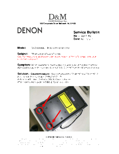 DENON Service Bulletin DZ10-002  DENON DVD Video Player DVD Video Player Denon - DVD-A1UDCI Service Bulletin DZ10-002.PDF