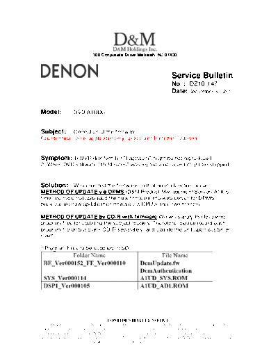 DENON Service Bulletin DZ10-147  DENON DVD Video Player DVD Video Player Denon - DVD-A1UDCI Service Bulletin DZ10-147.PDF
