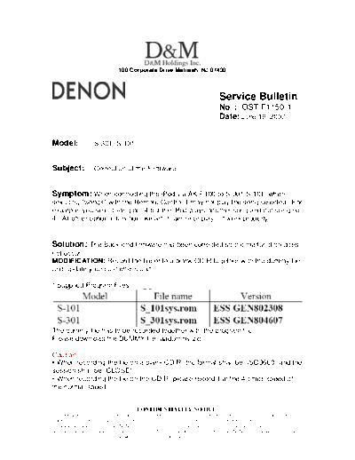 DENON Service Bulletin OST-F1150-1  DENON Home Theatre System Home Theatre System Denon - S-101 Service Bulletin OST-F1150-1.PDF