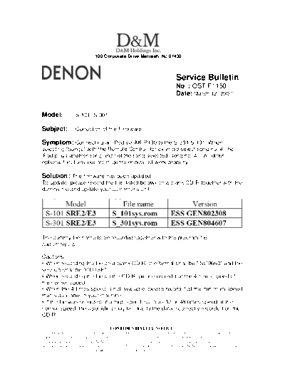 DENON Service Bulletin OST-F1150  DENON Home Theatre System Home Theatre System Denon - S-101 Service Bulletin OST-F1150.PDF