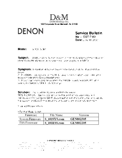 DENON Service Bulletin OST-F981  DENON Home Theatre System Home Theatre System Denon - S-101 Service Bulletin OST-F981.PDF