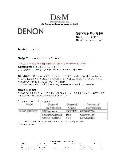 DENON Service Bulletin OST-F1244-1  DENON Home Theatre System Home Theatre System Denon - S-302 Service Bulletin OST-F1244-1.PDF
