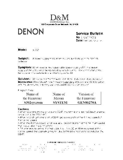 DENON Service Bulletin OST-F1272  DENON Home Theatre System Home Theatre System Denon - S-302 Service Bulletin OST-F1272.PDF