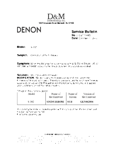 DENON Service Bulletin OST-F1469  DENON Home Theatre System Home Theatre System Denon - S-302 Service Bulletin OST-F1469.PDF