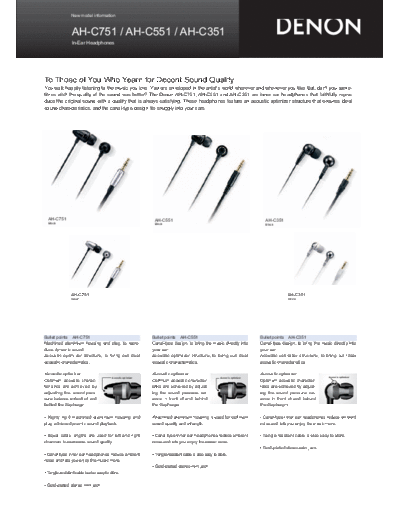 DENON  AH-C751 & AH-C551 & AH-C351  DENON In-Ear Headphones In-Ear Headphones Denon - AH-C751  AH-C751 & AH-C551 & AH-C351.pdf