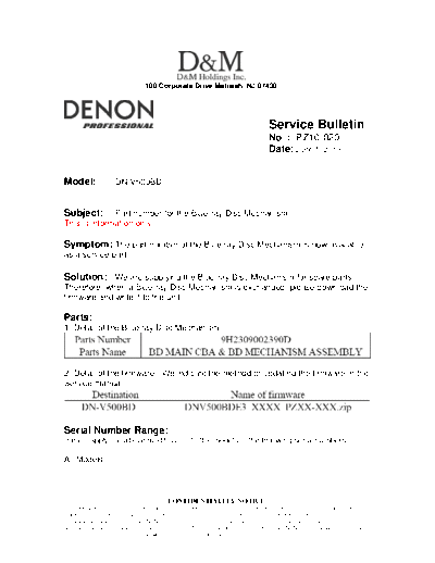 DENON Service Bulletin PZ10-020  DENON Network Audio Video Player Network Audio Video Player Denon - DN-V500BD Service Bulletin PZ10-020.PDF