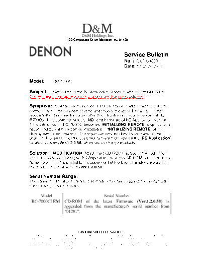 DENON Service Bulletin OST-C1290  DENON Remote Control Unit Remote Control Unit Denon - RC-7000CI Service Bulletin OST-C1290.PDF
